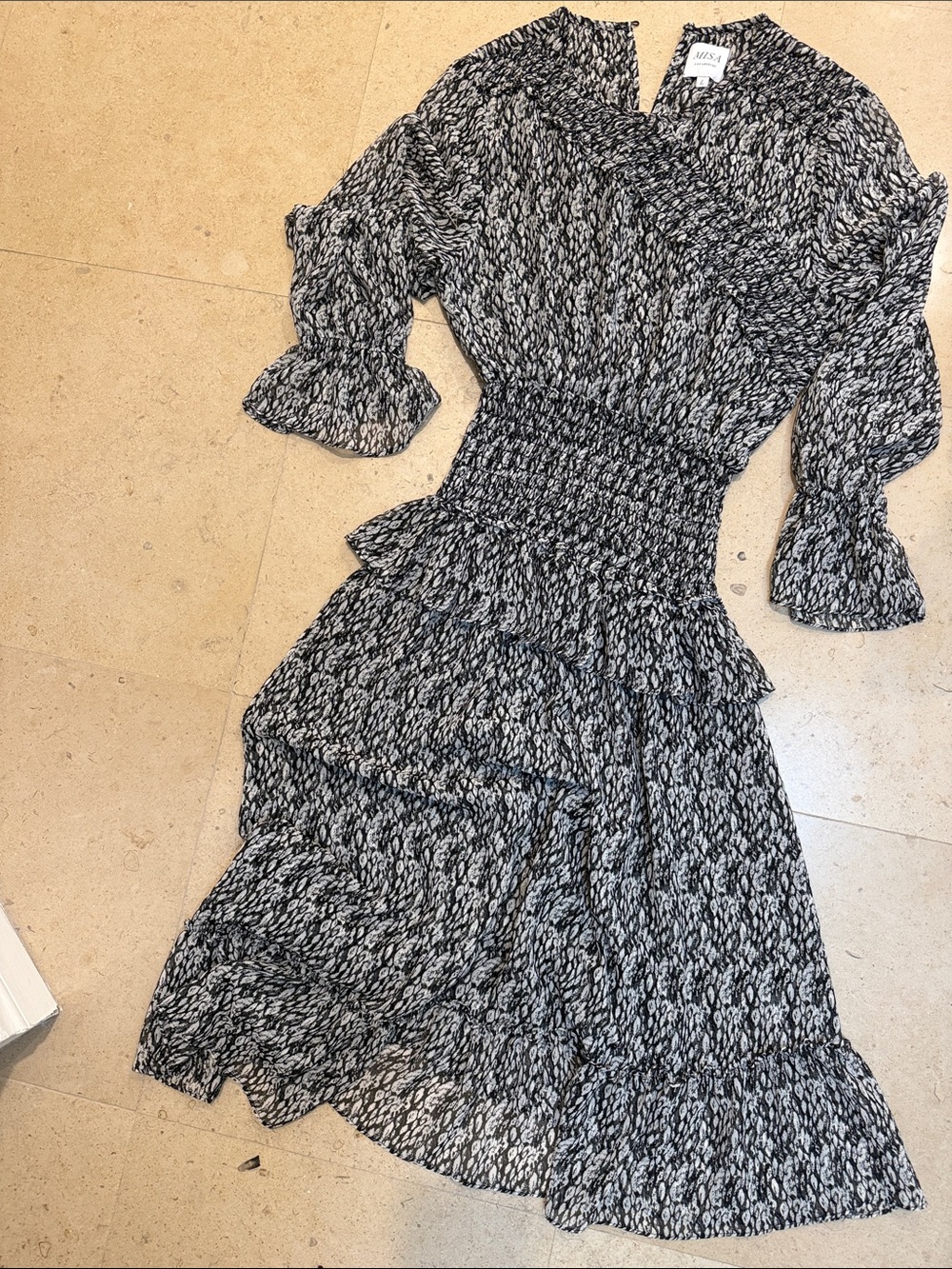 Misa Los Angeles Black & White Smocked Midi Dress